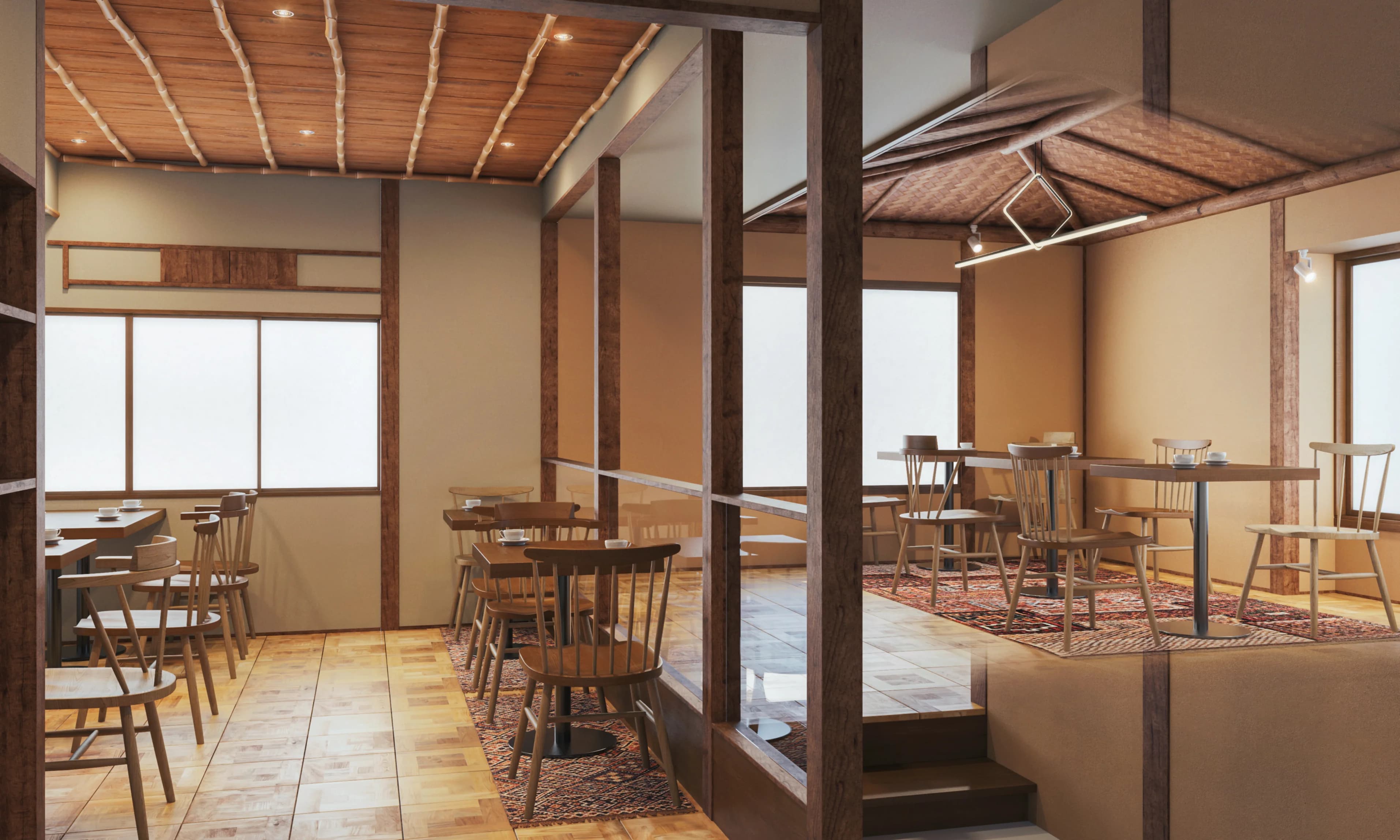 和の建具に囲まれたカフェの客席